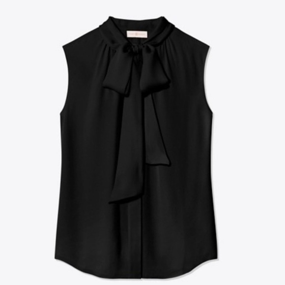 TORY BURCH Black Sleeveless Blouse Bow Gold Button Hardware Emblem 100% Silk 14 - Picture 1 of 8